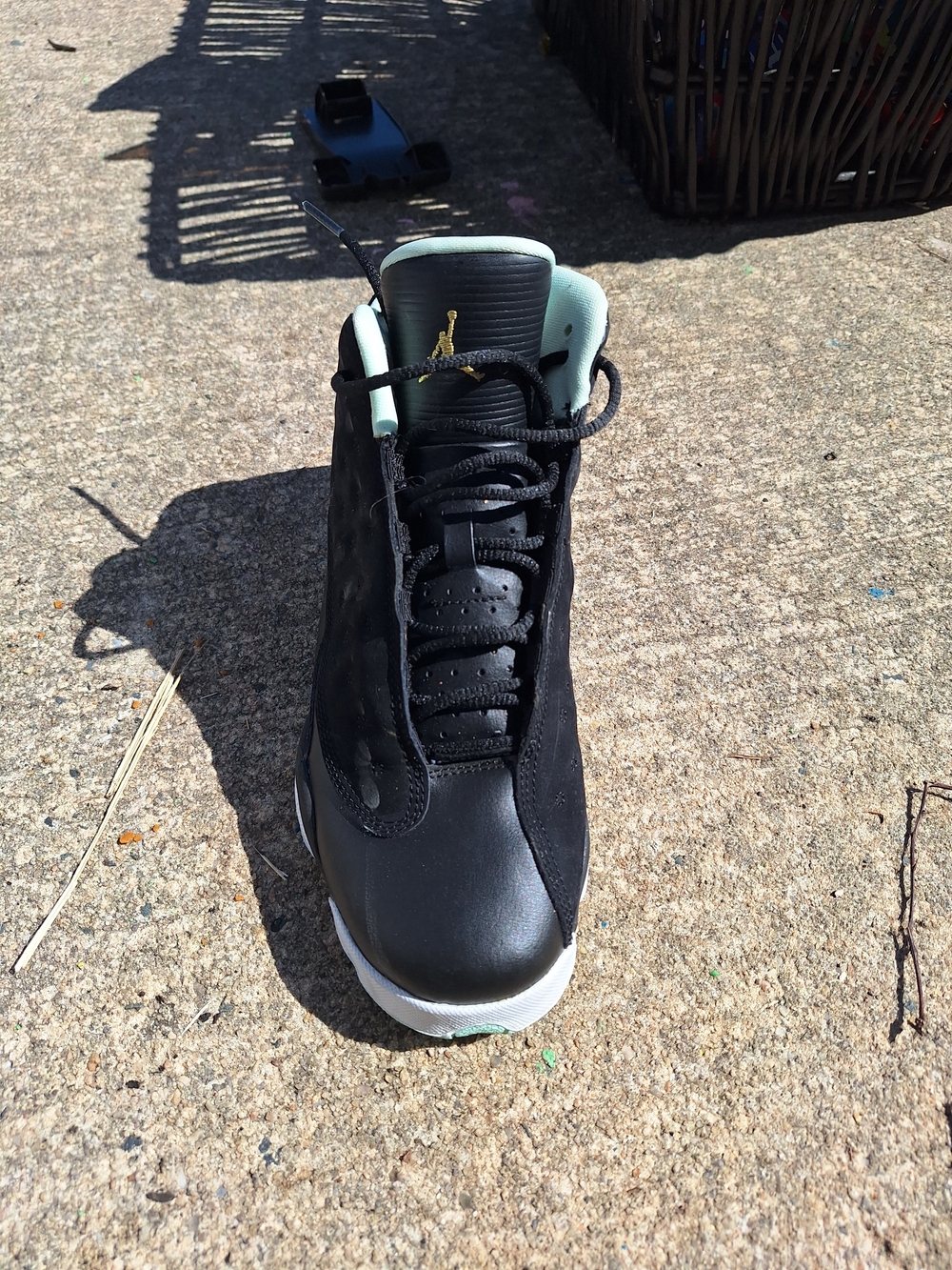 Jordan High-Top Sneaker in Black with Mint and Gold Accents